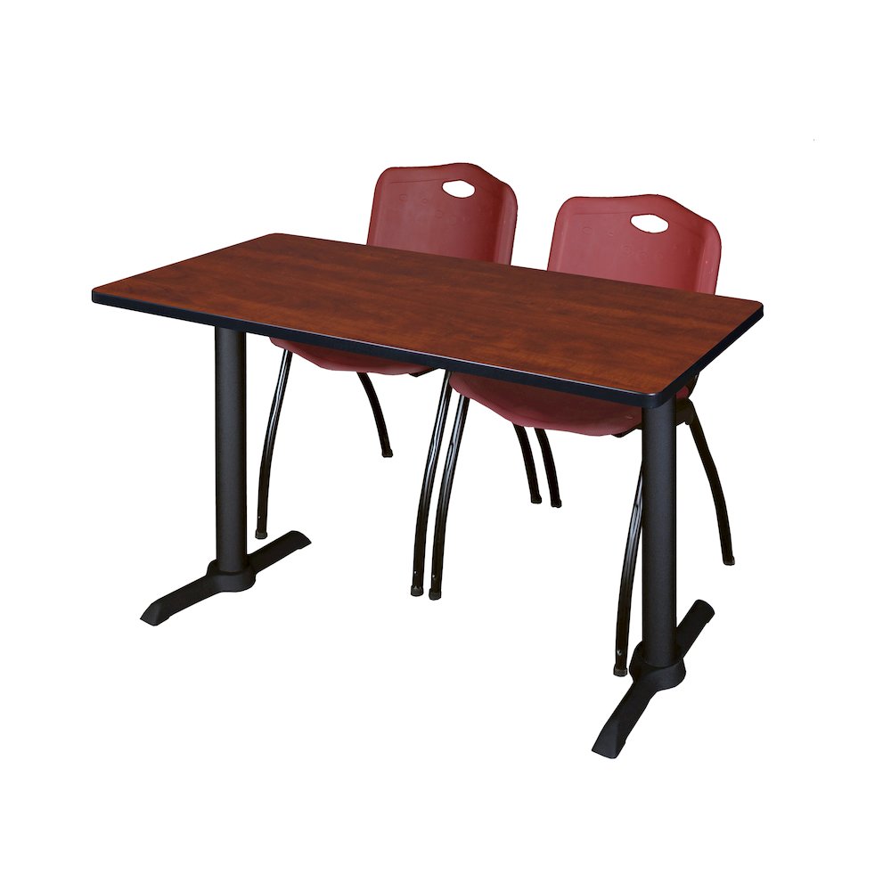 48 x 24 in. T-Base Training Seminar Table- Cherry & 2 M Stack Chairs- Burgundy. Picture 1