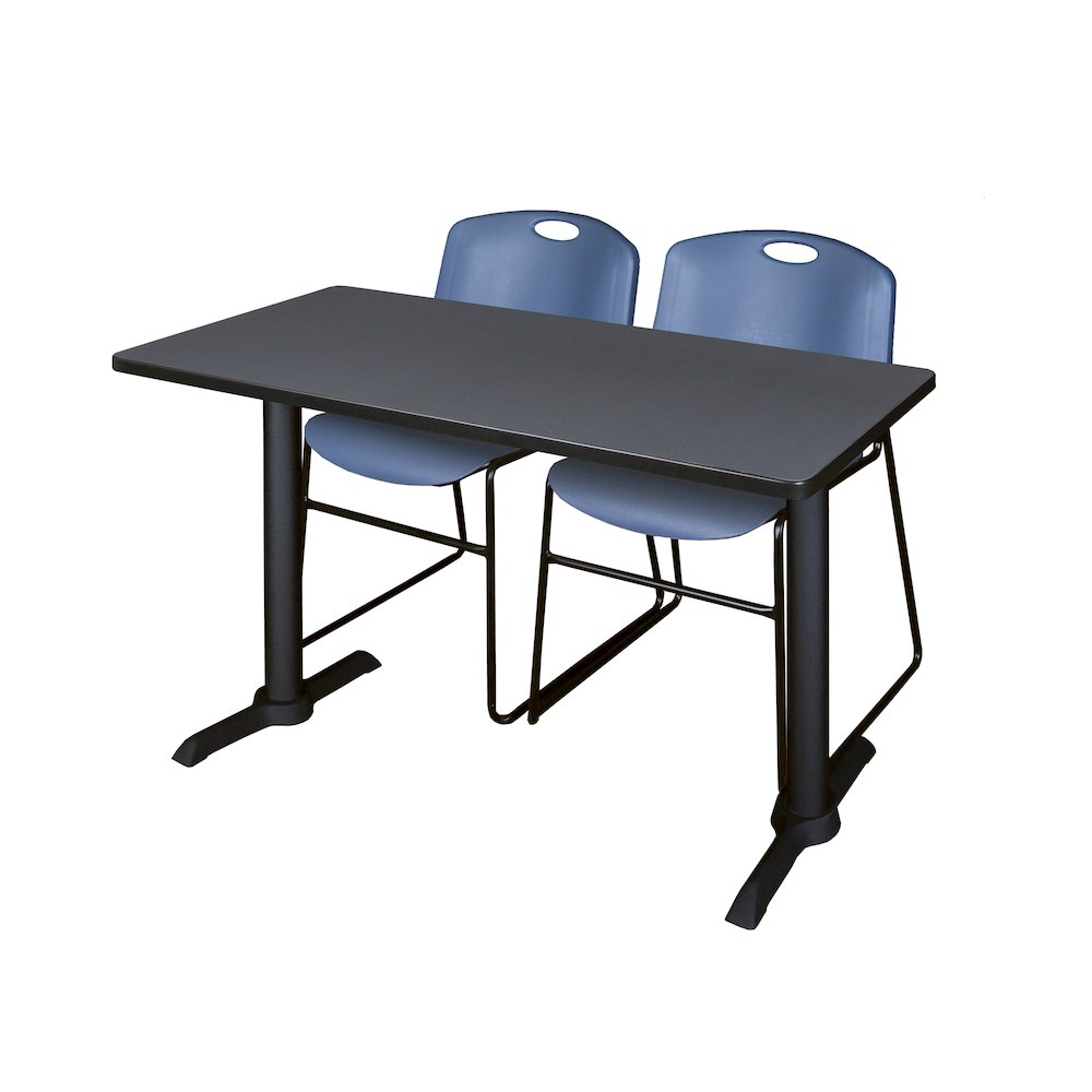 48 x 24 in. T-Base Training Seminar Table- Grey & 2 Zeng Stack Chairs- Blue. Picture 1