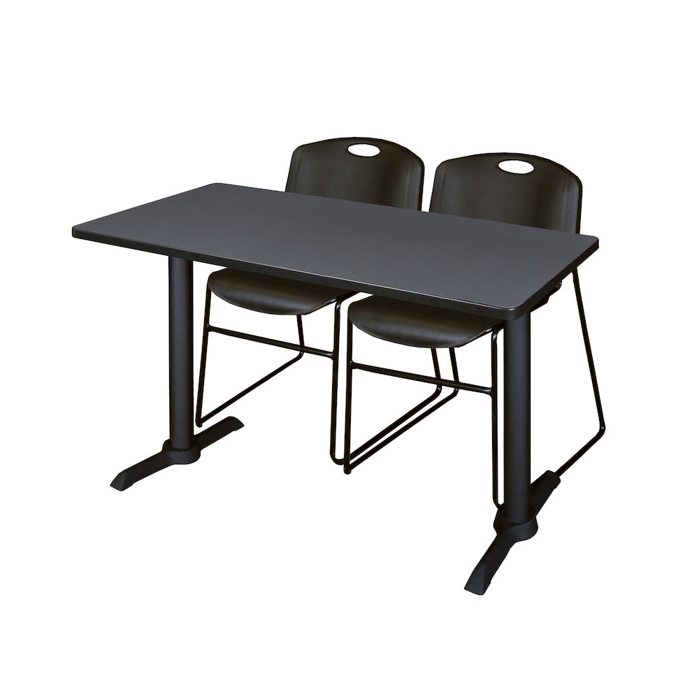 48 x 24 in. T-Base Training Seminar Table- Grey & 2 Zeng Stack Chairs- Black. Picture 1