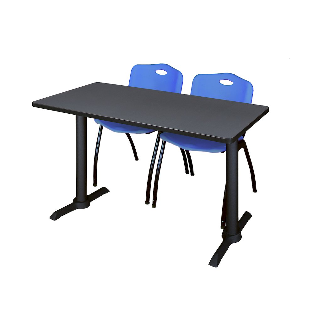 48 x 24 in. T-Base Training Seminar Table- Grey & 2 M Stack Chairs- Blue. Picture 1