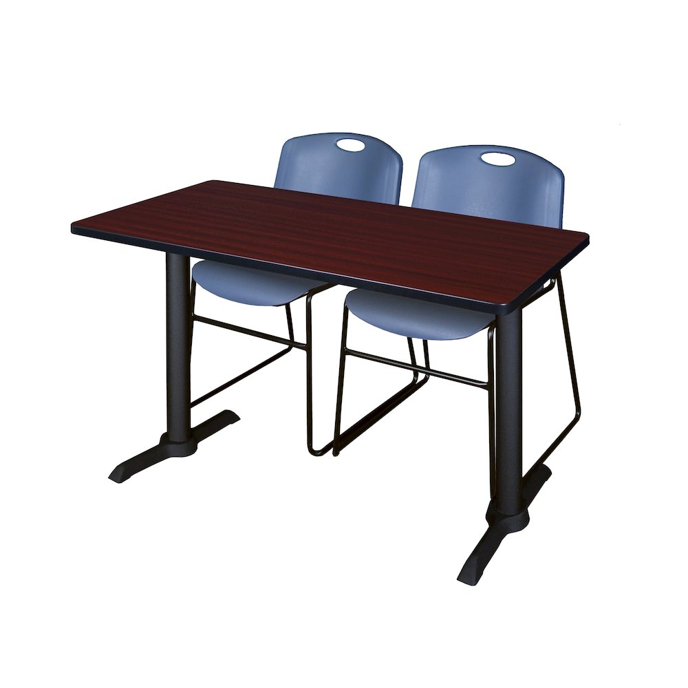 48 x 24 in. T-Base Training Seminar Table- Mahogany & 2 Zeng Stack Chairs- Blue. Picture 1
