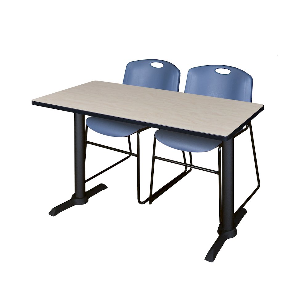 48 x 24 in. T-Base Training Seminar Table- Maple & 2 Zeng Stack Chairs- Blue. Picture 1