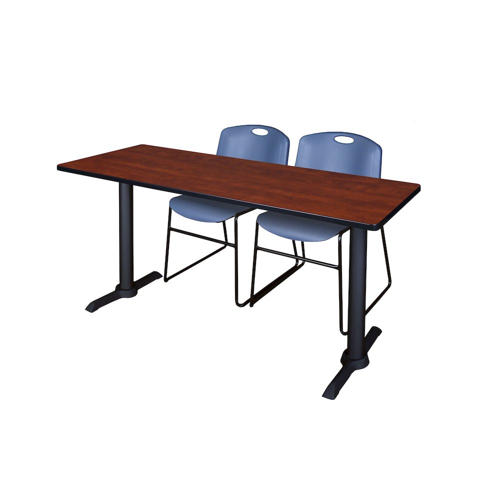 60 x 24 in. T-Base Training Seminar Table- Cherry & 2 Zeng Stack Chairs- Blue. Picture 1