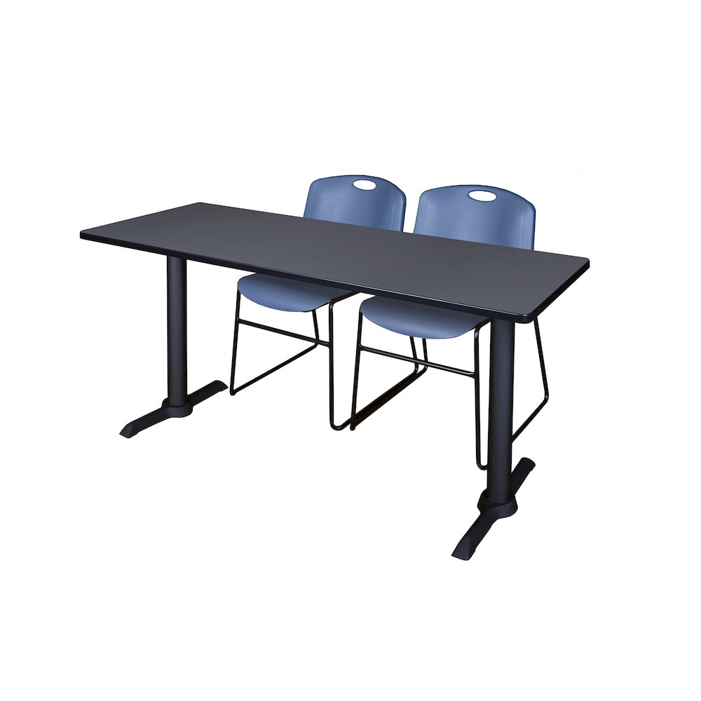 60 x 24 in. T-Base Training Seminar Table- Grey & 2 Zeng Stack Chairs- Blue. Picture 1