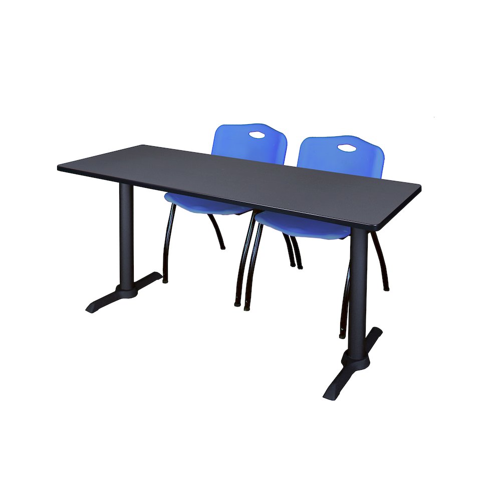 60 x 24 in. T-Base Training Seminar Table- Grey & 2 M Stack Chairs- Blue. Picture 1
