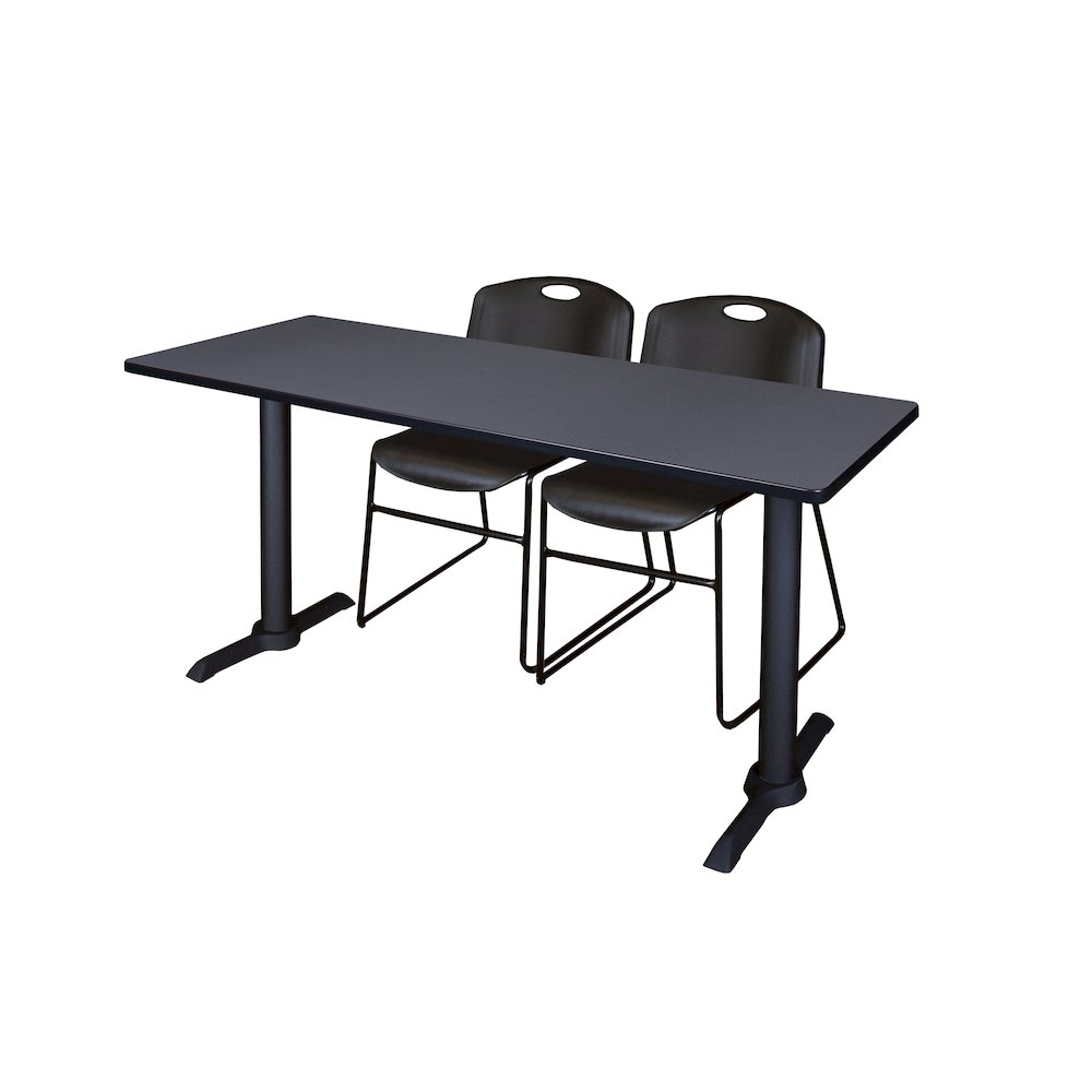 66 x 24 in. T-Base Training Seminar Table- Grey & 2 Zeng Stack Chairs- Black. Picture 1