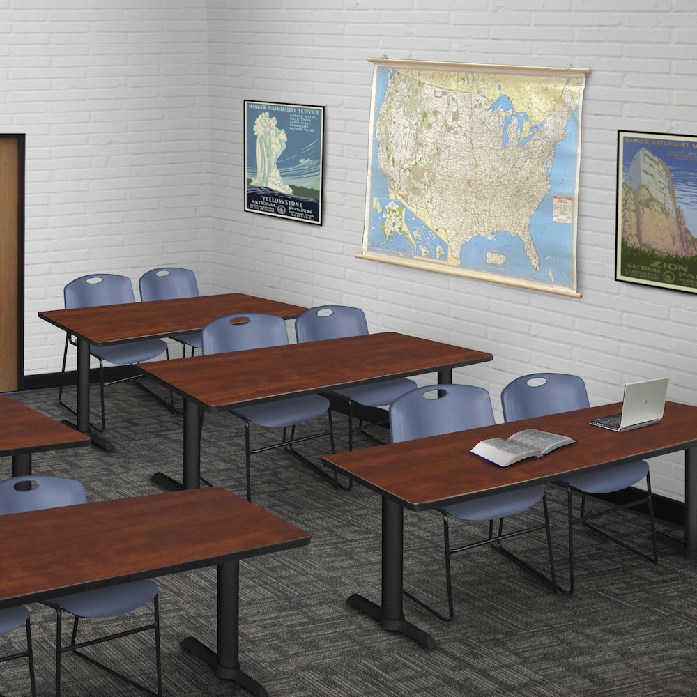 72 x 24 in. T-Base Training Seminar Table- Cherry & 2 Zeng Stack Chairs- Blue. Picture 8