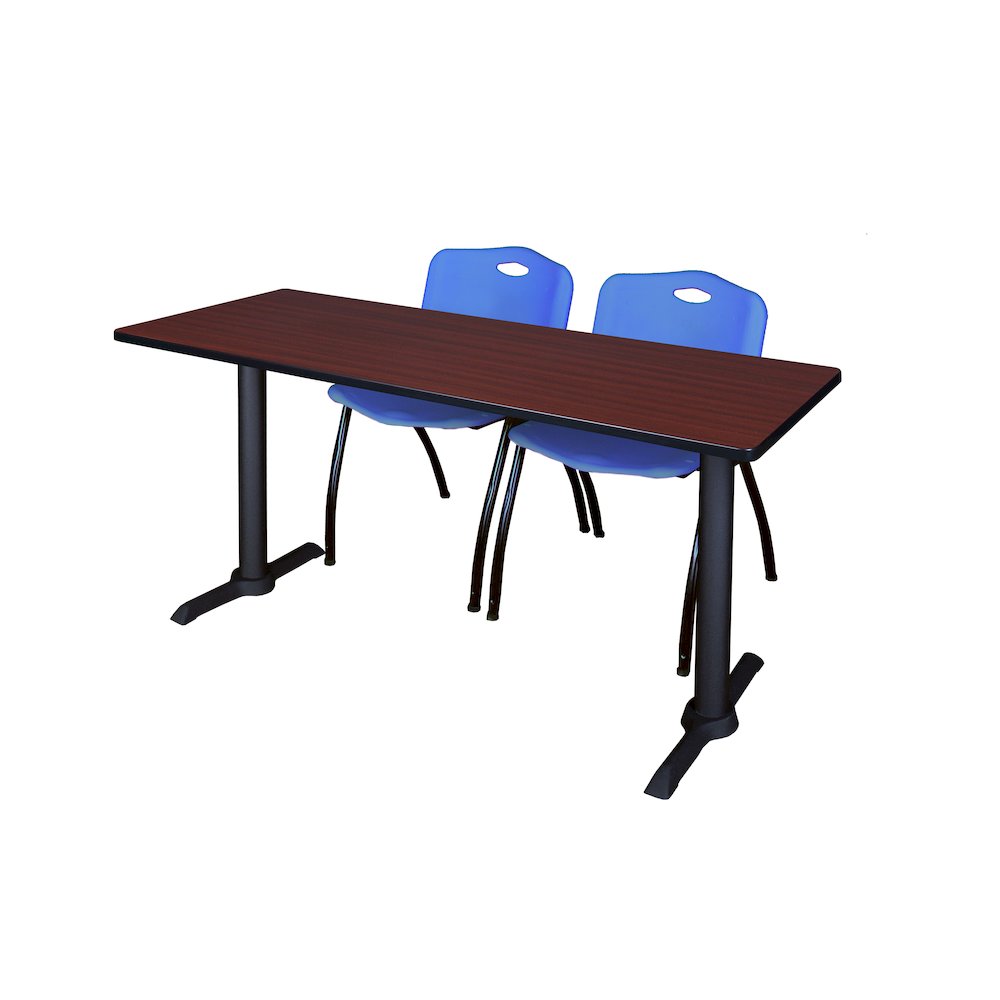 72 x 24 in. T-Base Training Seminar Table- Mahogany & 2 M Stack Chairs- Blue. Picture 1