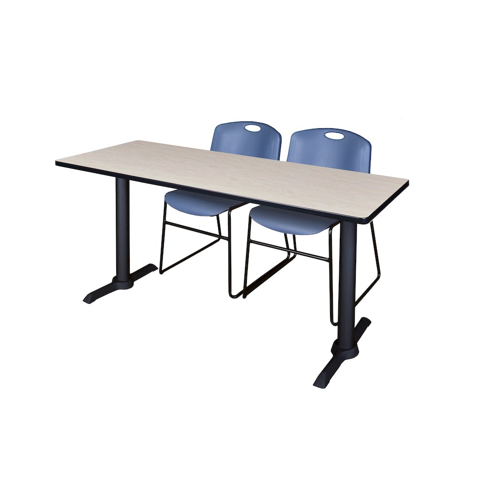 72 x 24 in. T-Base Training Seminar Table- Maple & 2 Zeng Stack Chairs- Blue. Picture 1