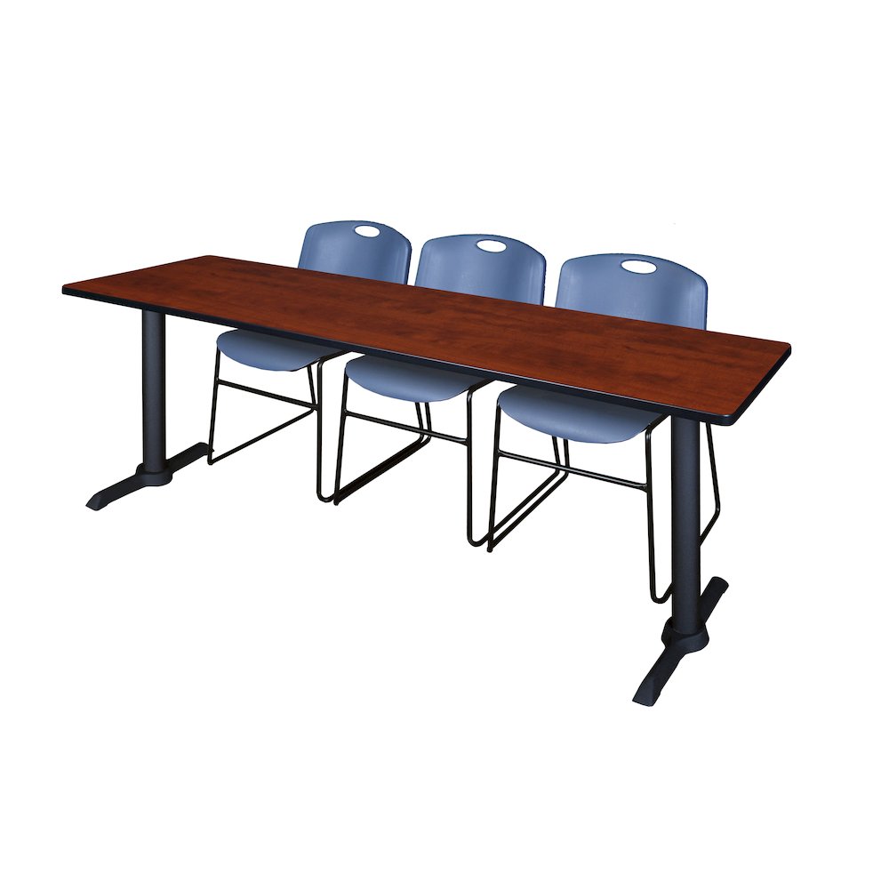 84 x 24 in. T-Base Training Seminar Table- Cherry & 3 Zeng Stack Chairs- Blue. Picture 1