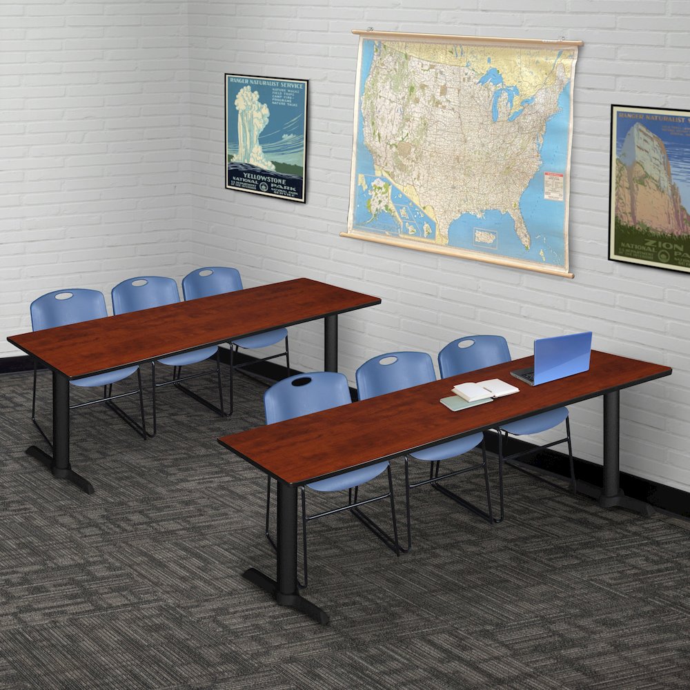 84 x 24 in. T-Base Training Seminar Table- Cherry & 3 Zeng Stack Chairs- Blue. Picture 8