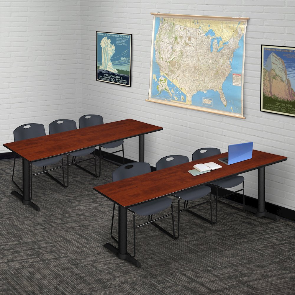 84 x 24 in. T-Base Training Seminar Table- Cherry & 3 Zeng Stack Chairs- Black. Picture 8