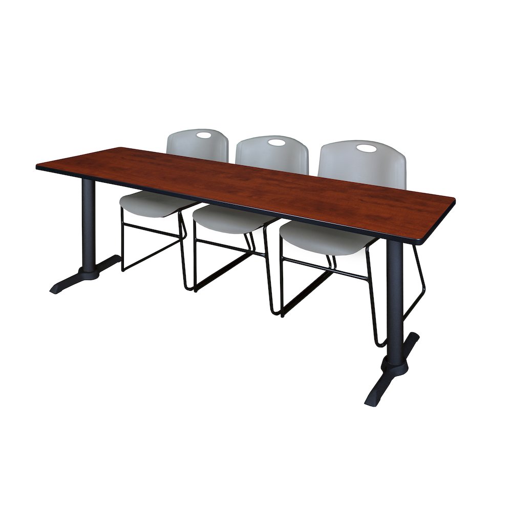 84 x 24 in. T-Base Training Seminar Table- Cherry & 3 Zeng Stack Chairs- Grey. Picture 1