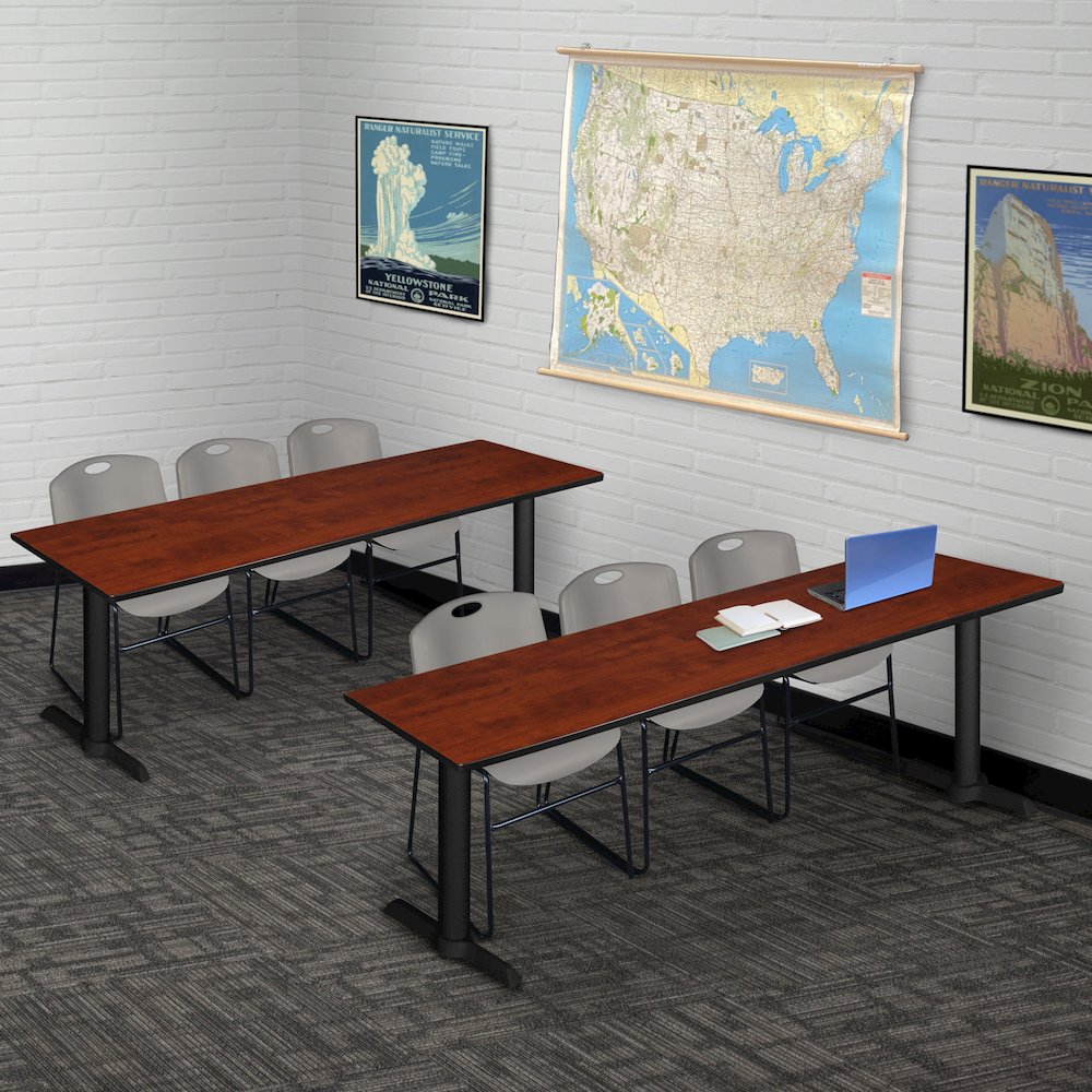 84 x 24 in. T-Base Training Seminar Table- Cherry & 3 Zeng Stack Chairs- Grey. Picture 8