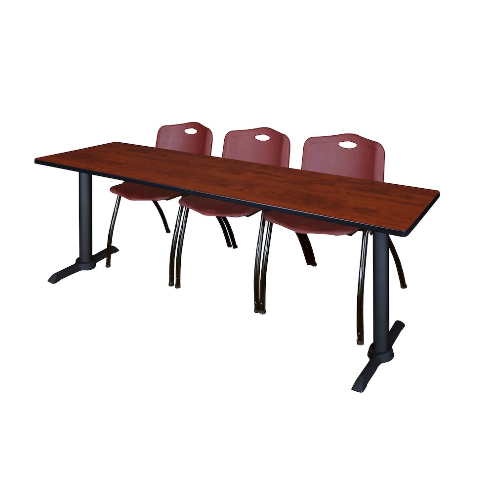 84 x 24 in. T-Base Training Seminar Table- Cherry & 3 M Stack Chairs- Burgundy. Picture 1