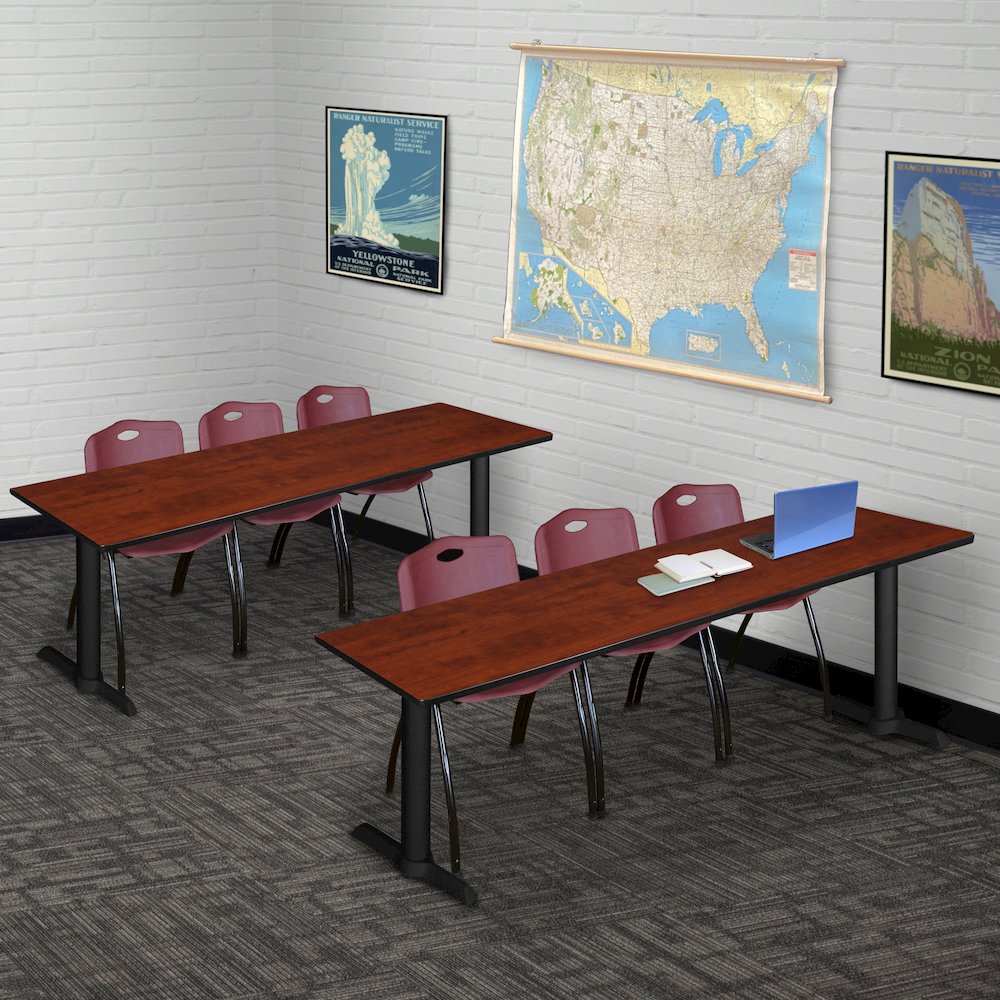 84 x 24 in. T-Base Training Seminar Table- Cherry & 3 M Stack Chairs- Burgundy. Picture 8