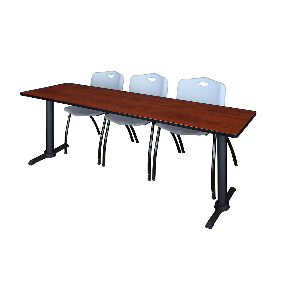 84 x 24 in. T-Base Training Seminar Table- Cherry & 3 M Stack Chairs- Grey. Picture 1
