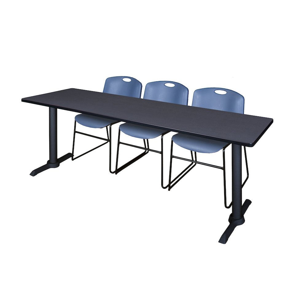 84 x 24 in. T-Base Training Seminar Table- Grey & 3 Zeng Stack Chairs- Blue. Picture 1