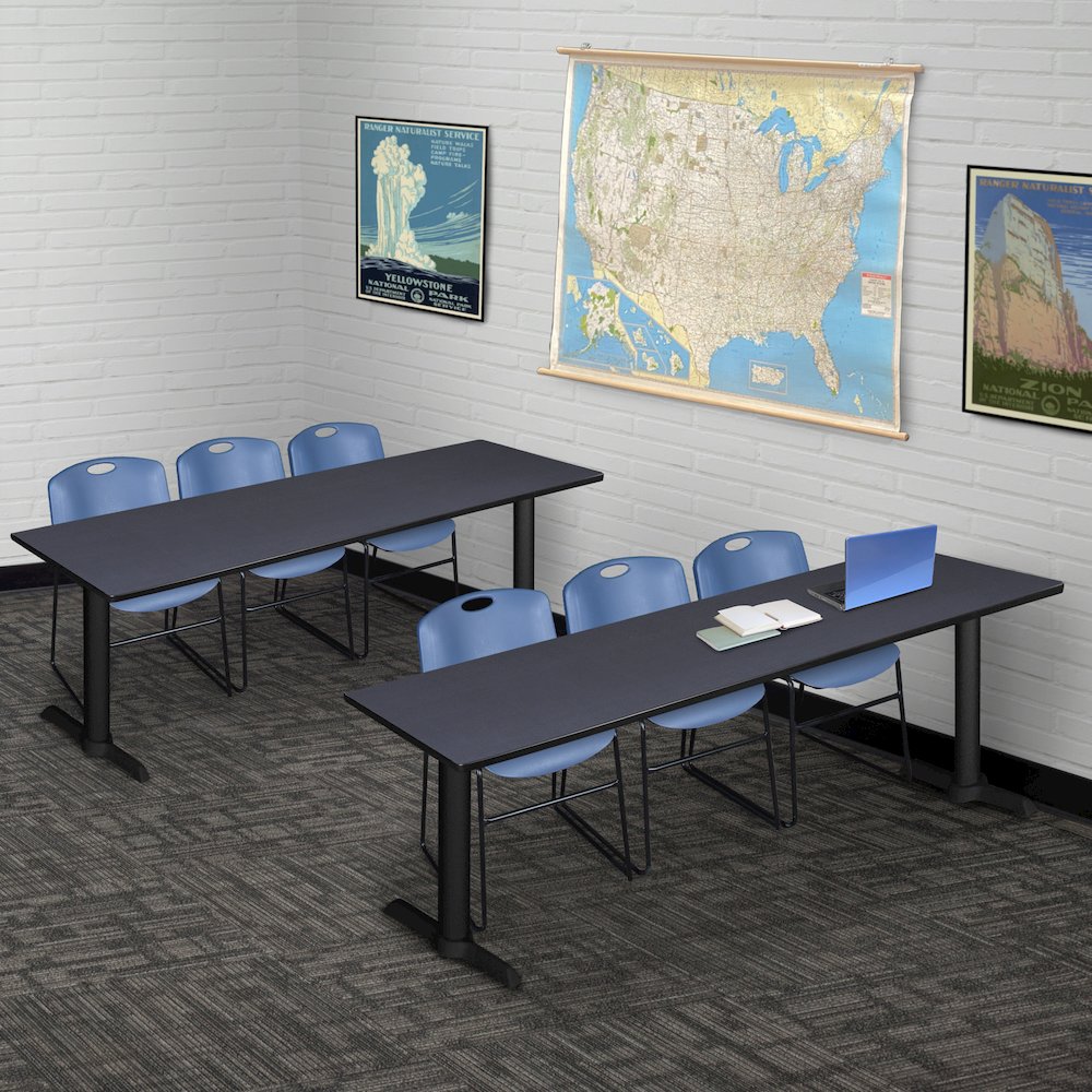 84 x 24 in. T-Base Training Seminar Table- Grey & 3 Zeng Stack Chairs- Blue. Picture 8