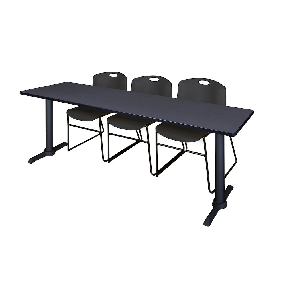 84 x 24 in. T-Base Training Seminar Table- Grey & 3 Zeng Stack Chairs- Black. Picture 1