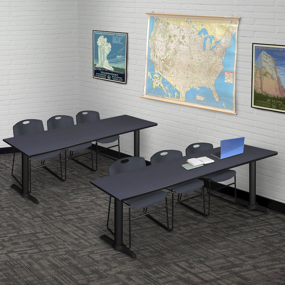 84 x 24 in. T-Base Training Seminar Table- Grey & 3 Zeng Stack Chairs- Black. Picture 8
