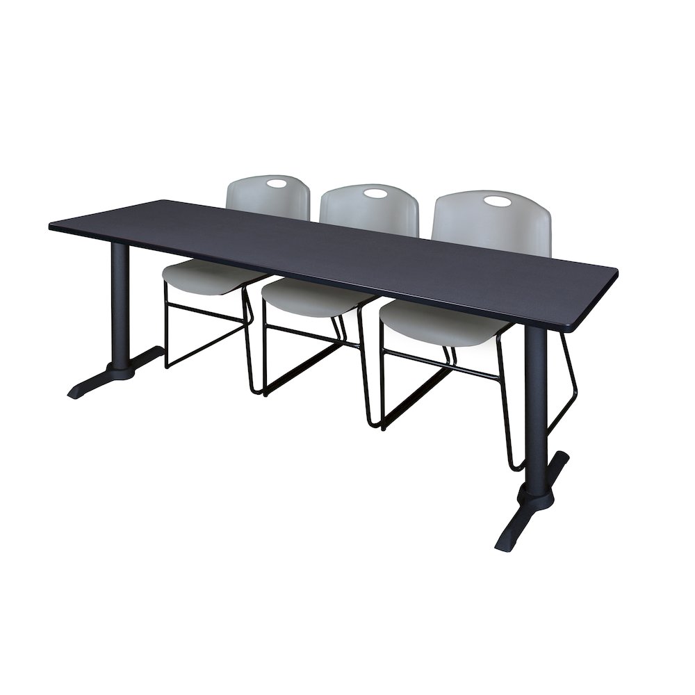 84 x 24 in. T-Base Training Seminar Table- Grey & 3 Zeng Stack Chairs- Grey. Picture 1