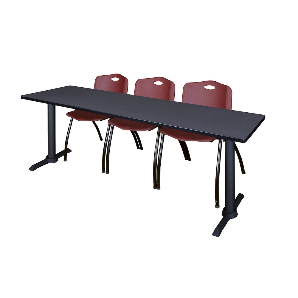 84 x 24 in. T-Base Training Seminar Table- Grey & 3 M Stack Chairs- Burgundy. Picture 1