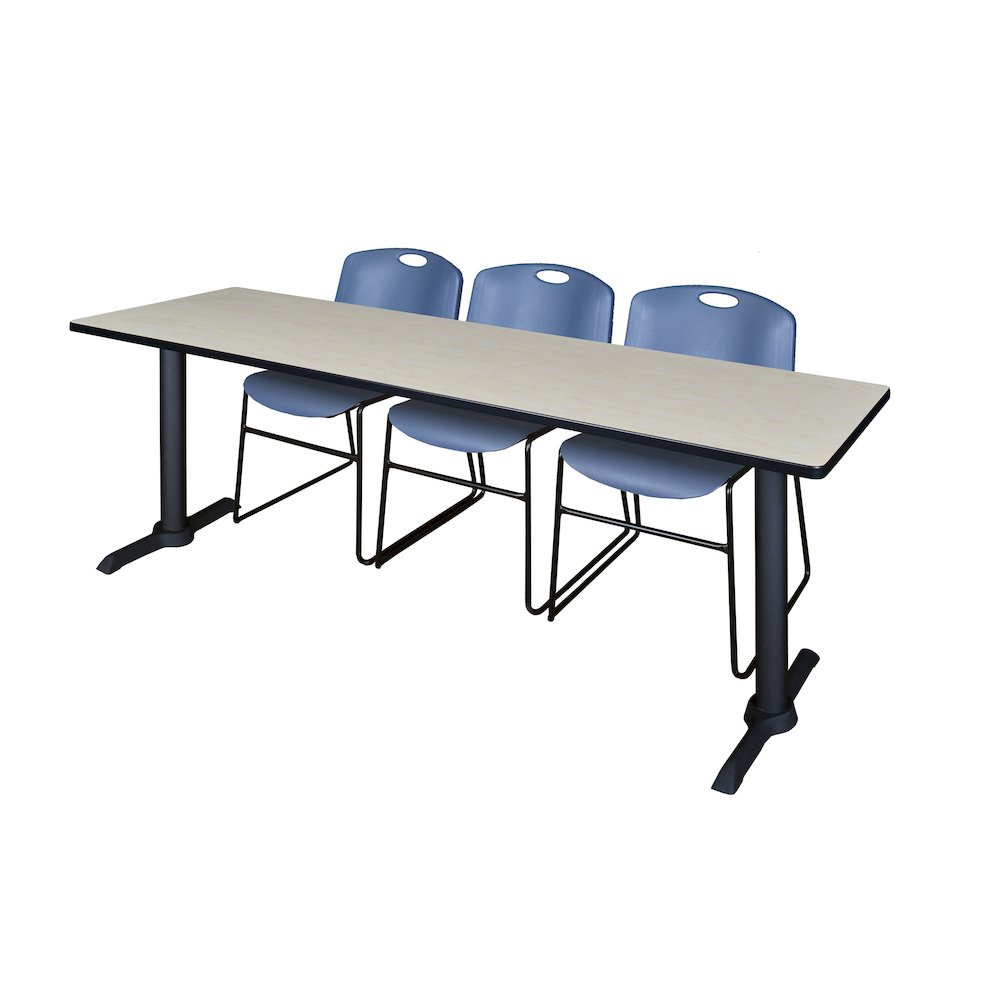 84 x 24 in. T-Base Training Seminar Table- Maple & 3 Zeng Stack Chairs- Blue. Picture 1