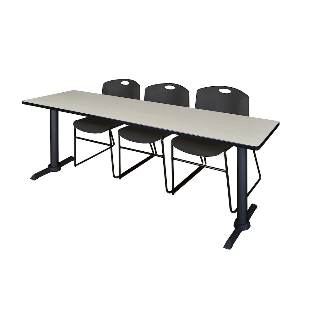 84 x 24 in. T-Base Training Seminar Table- Maple & 3 Zeng Stack Chairs- Black. Picture 1