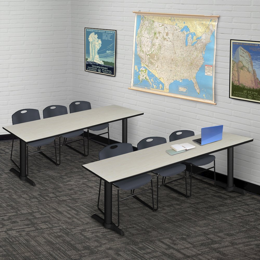 84 x 24 in. T-Base Training Seminar Table- Maple & 3 Zeng Stack Chairs- Black. Picture 8