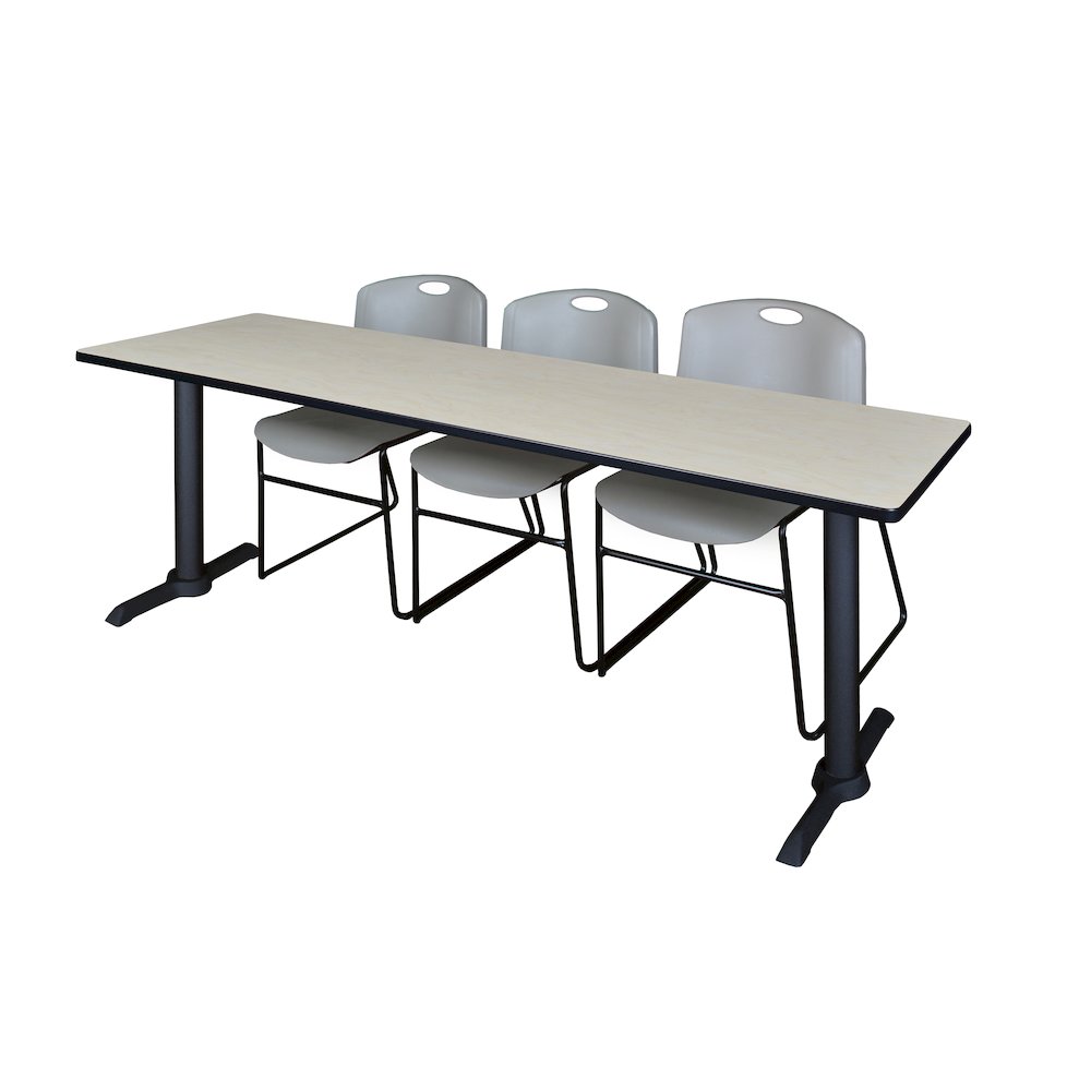 84 x 24 in. T-Base Training Seminar Table- Maple & 3 Zeng Stack Chairs- Grey. Picture 1
