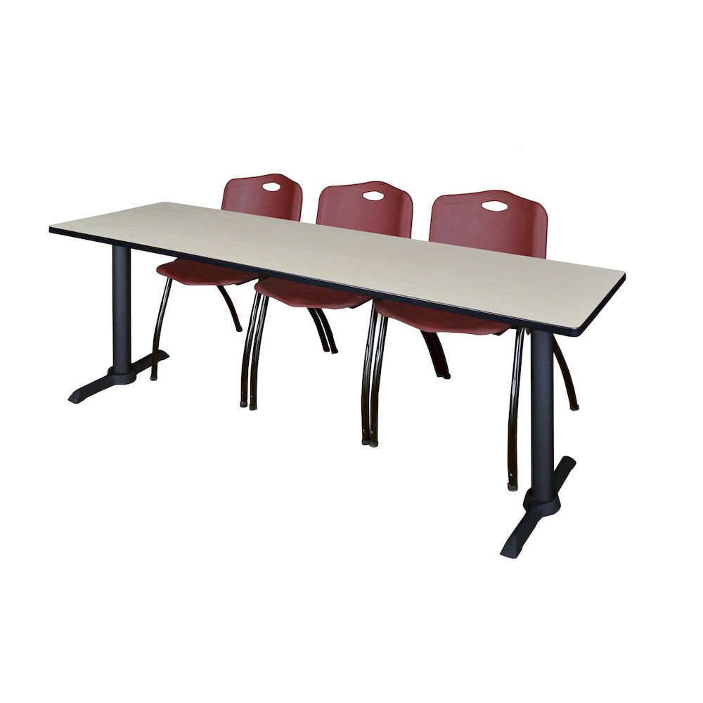 84 x 24 in. T-Base Training Seminar Table- Maple & 3 M Stack Chairs- Burgundy. Picture 1