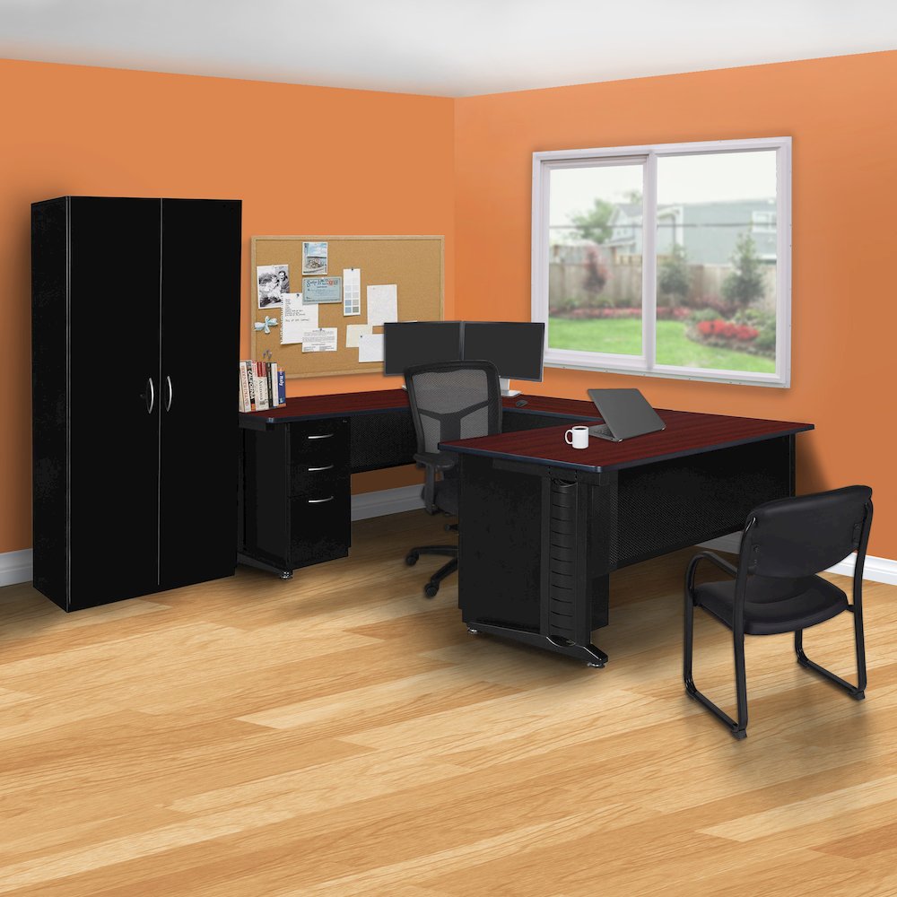 72 x 78 in. U Shaped Desk with Double Pedestal Drawer Unit- Mahogany. Picture 6