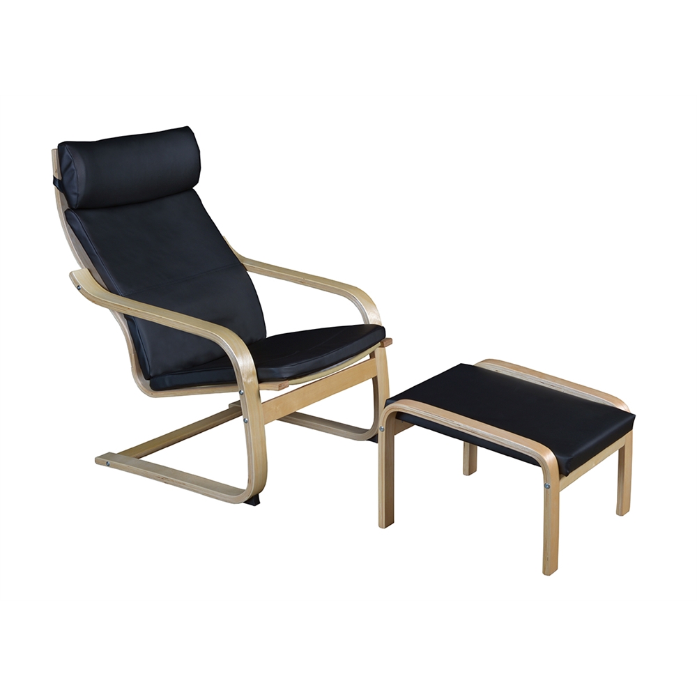 Mia Bentwood Reclining Chair and Ottoman- Natural/ Black Leather. Picture 1