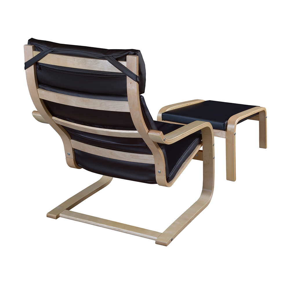 Mia Bentwood Reclining Chair and Ottoman- Natural/ Black Leather. Picture 2