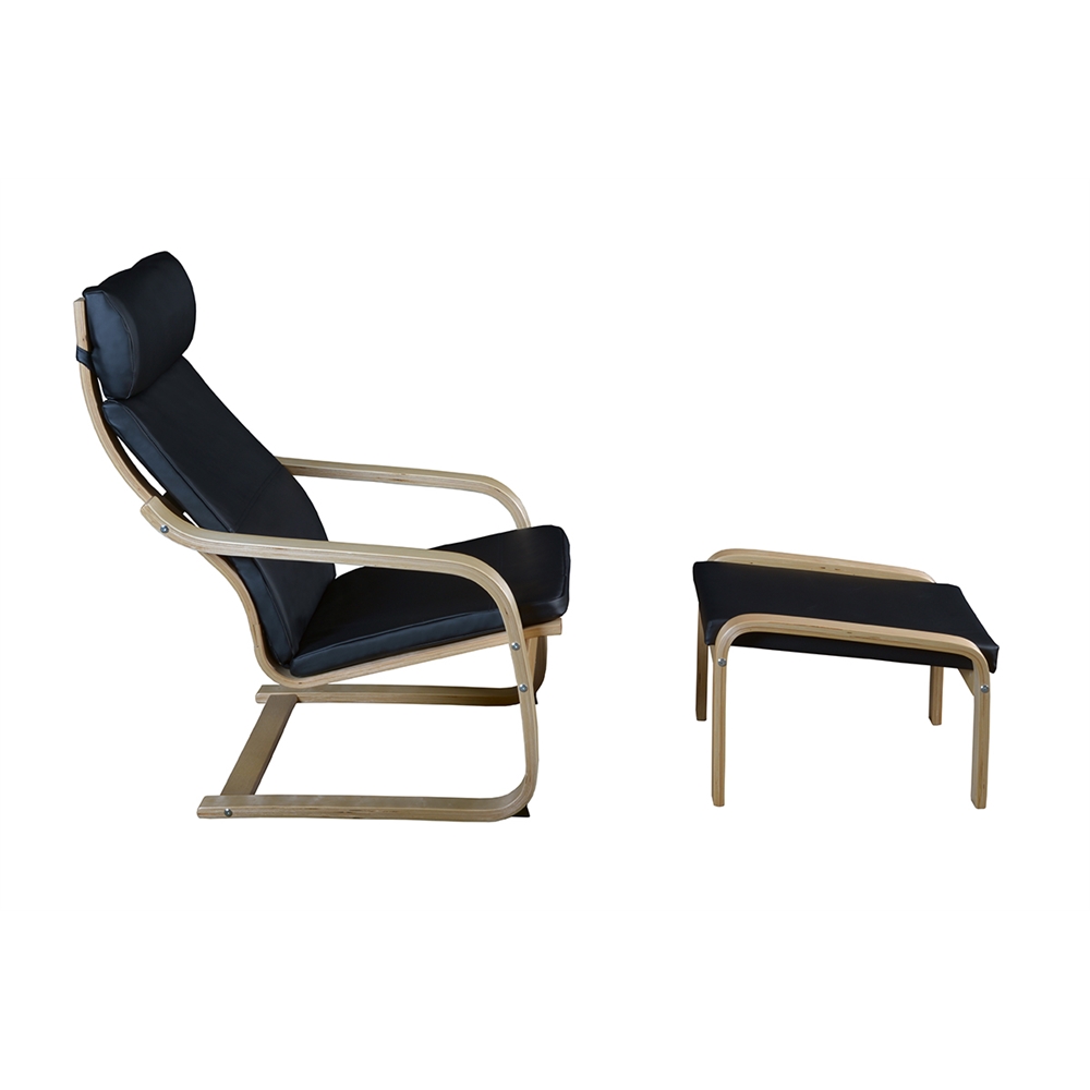 Mia Bentwood Reclining Chair and Ottoman- Natural/ Black Leather. Picture 3