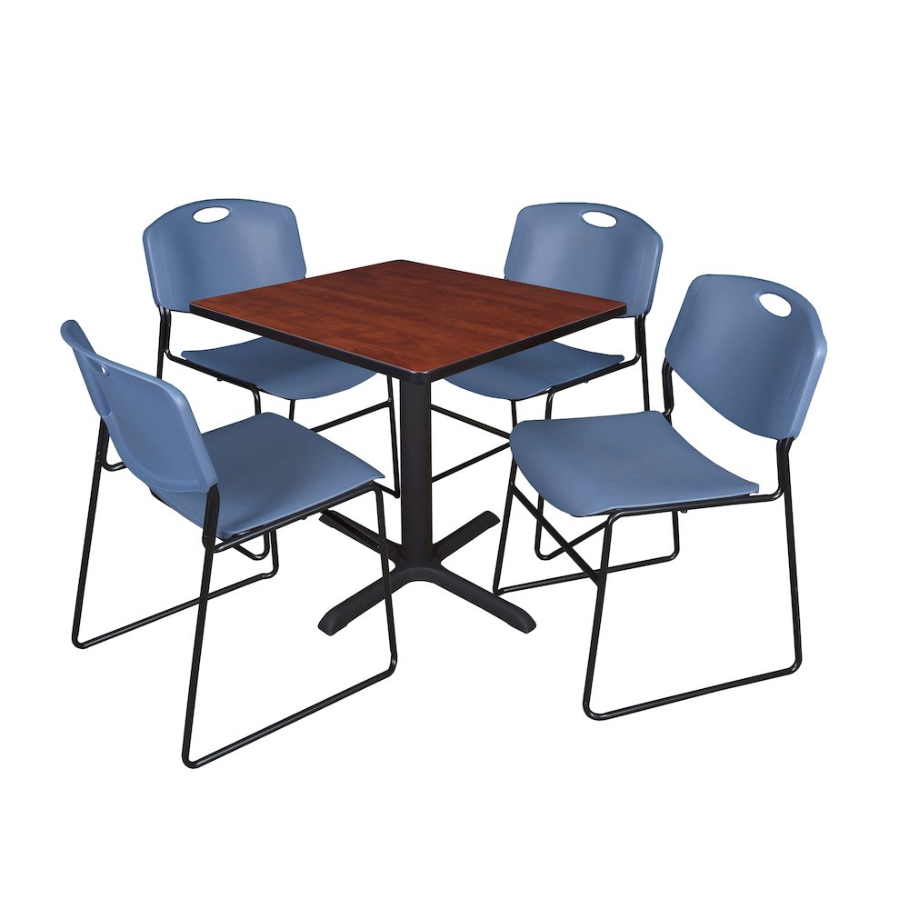 Small 30 in. Square X-Base Breakroom Table- Cherry & 4 Zeng Stack Chairs- Blue. Picture 1