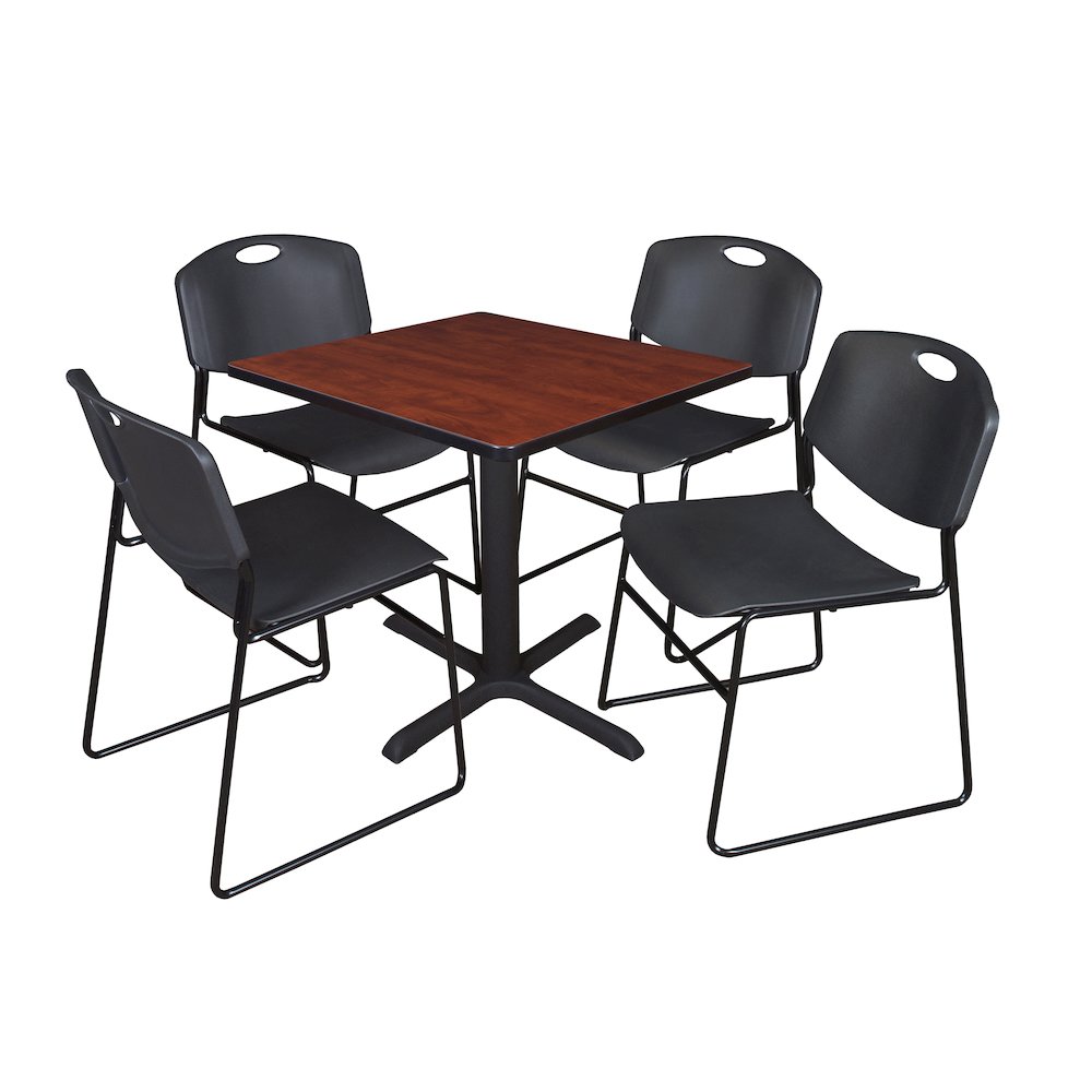 Small 30 in. Square X-Base Breakroom Table- Cherry & 4 Zeng Stack Chairs- Black. Picture 1