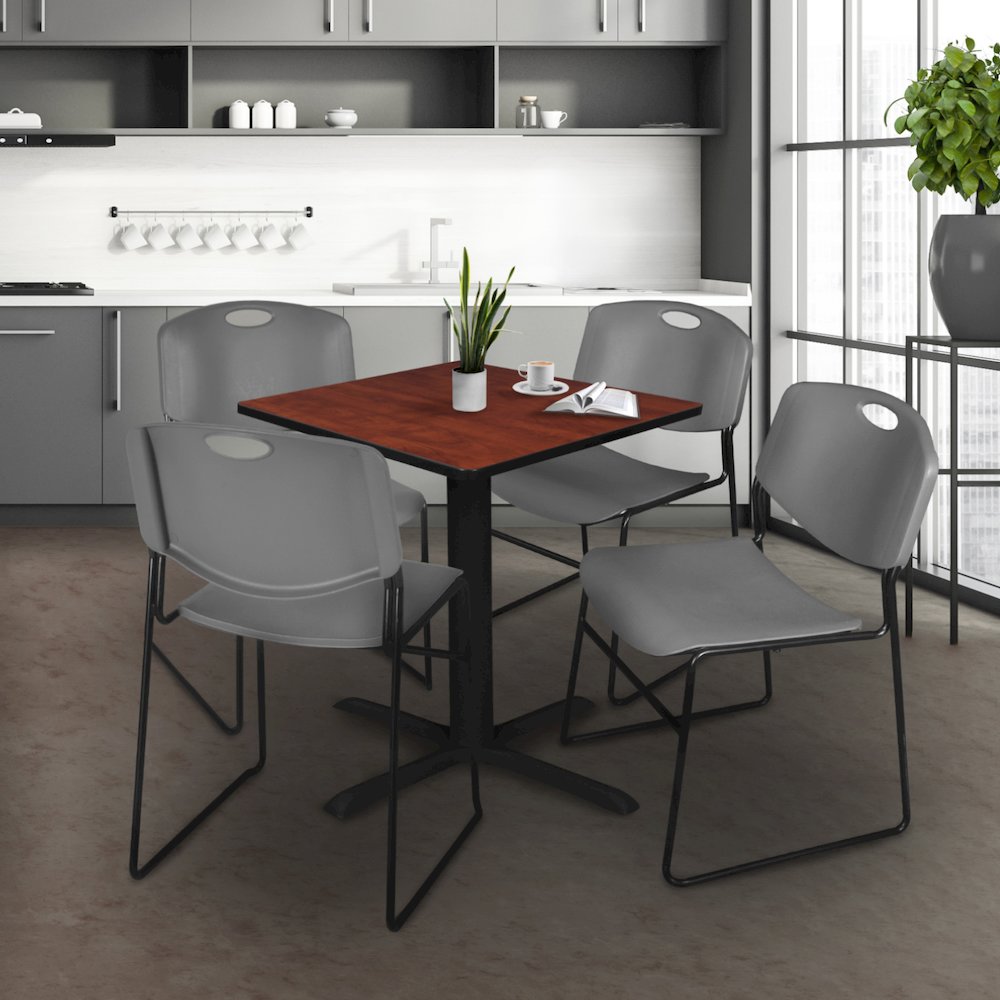 Small 30 in. Square X-Base Breakroom Table- Cherry & 4 Zeng Stack Chairs- Grey. Picture 9
