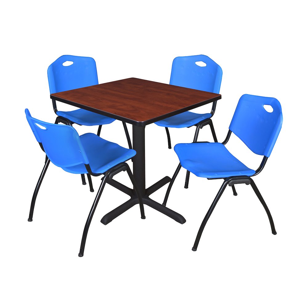 Small 30 in. Square X-Base Breakroom Table- Cherry & 4 M Stack Chairs- Blue. Picture 1