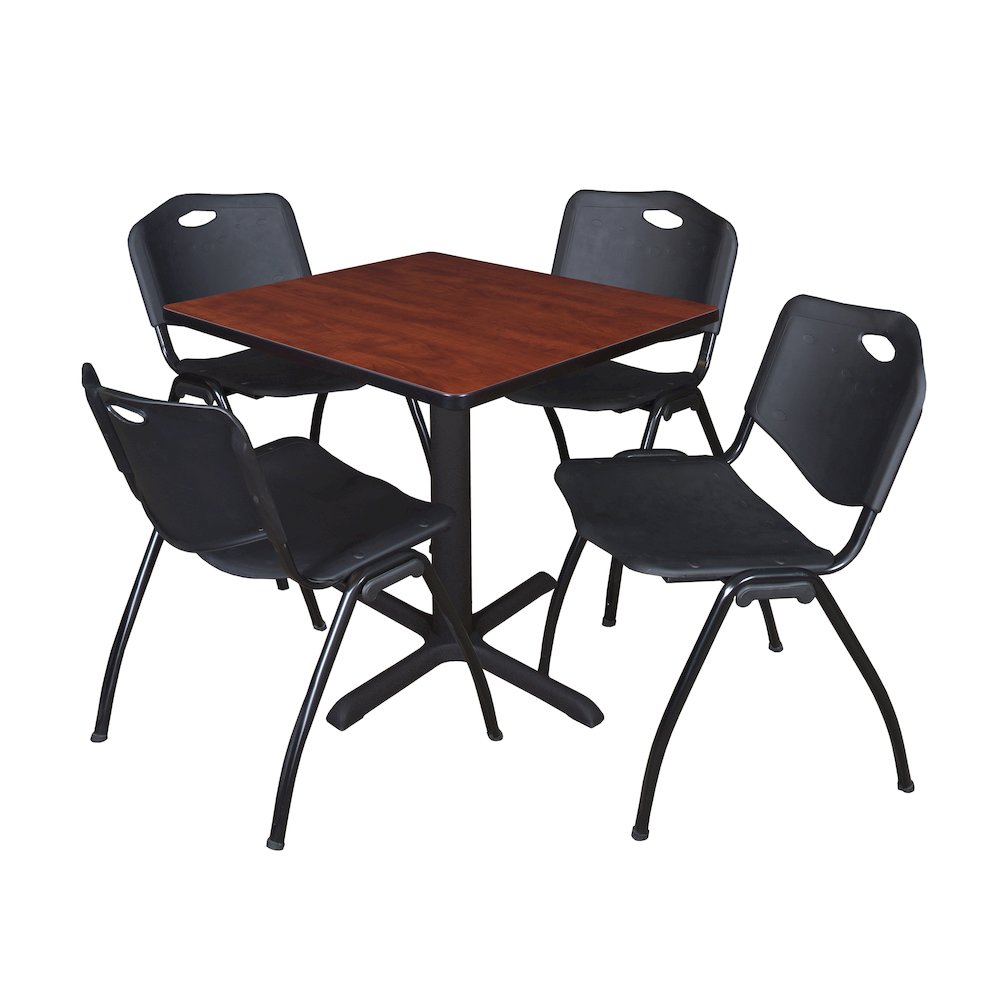 Small 30 in. Square X-Base Breakroom Table- Cherry & 4 M Stack Chairs- Black. Picture 1
