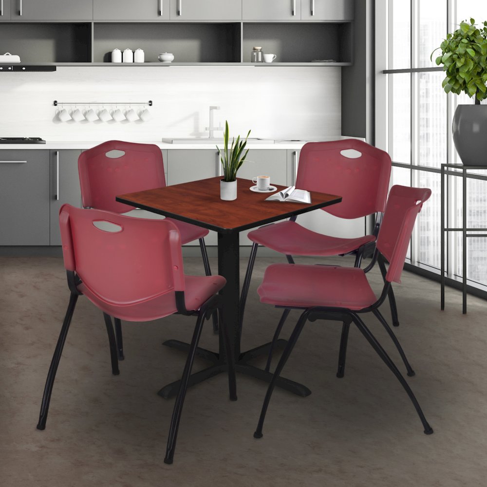 Small 30 in. Square X-Base Breakroom Table- Cherry & 4 M Stack Chairs- Burgundy. Picture 9