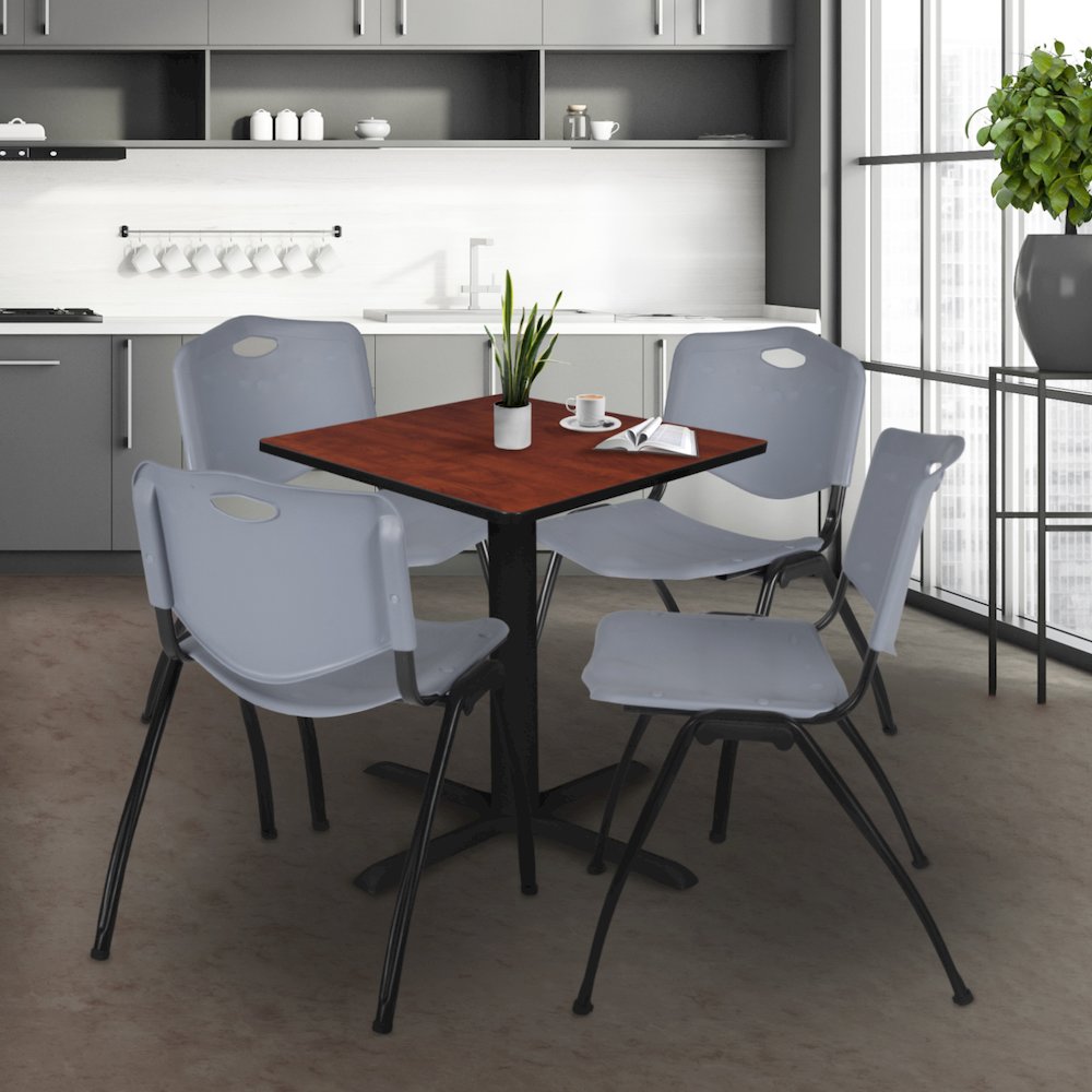 Small 30 in. Square X-Base Breakroom Table- Cherry & 4 M Stack Chairs- Grey. Picture 9