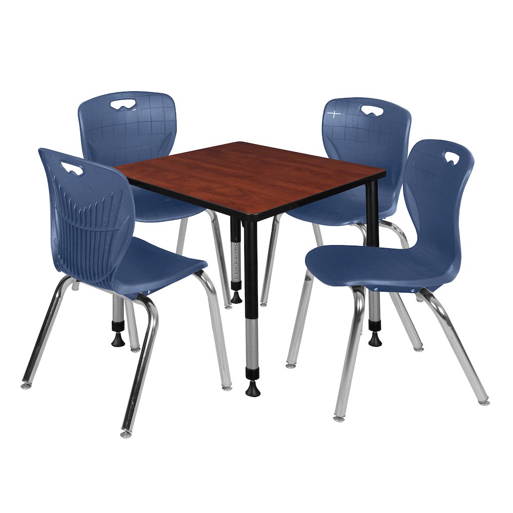 30 Square Adjustable Classroom Table- Cherry & 4 Andy 18 Stack Chairs- Blue. Picture 1