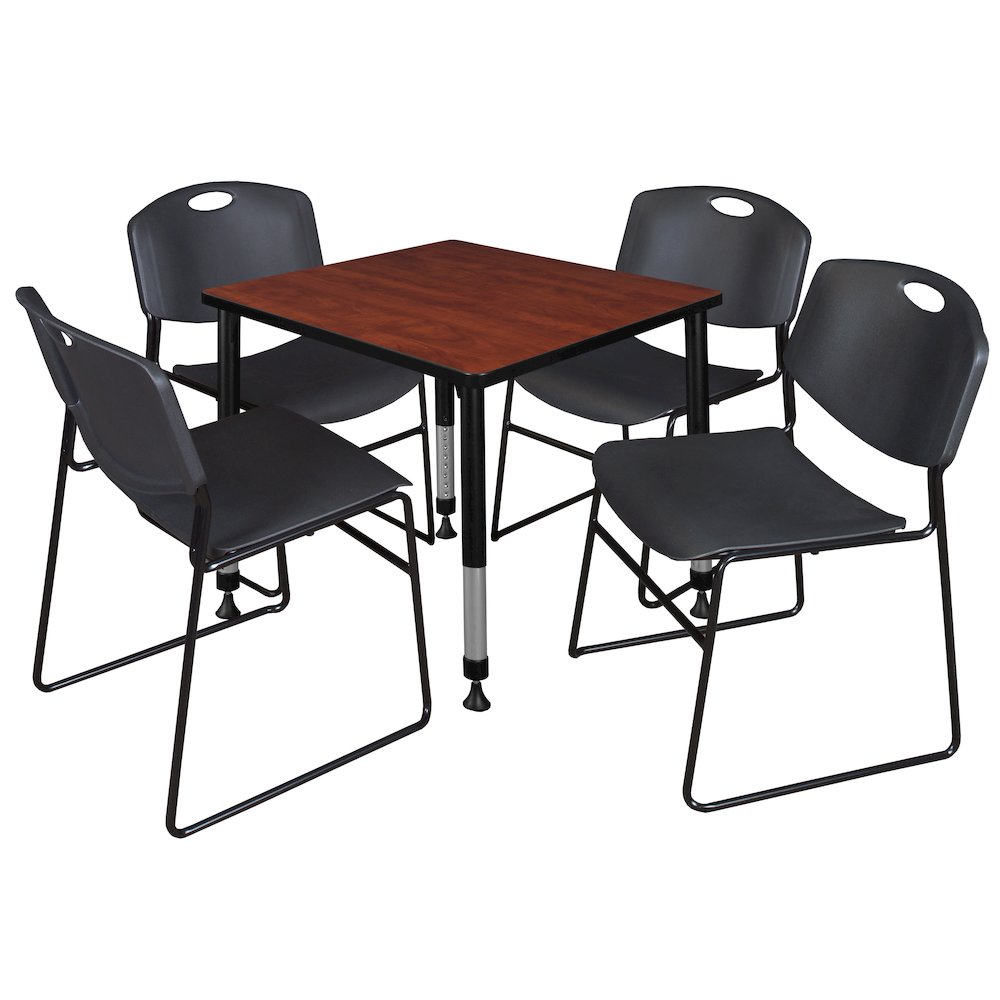 30 in. Square Adjustable Classroom Table- Cherry & 4 Zeng Stack Chairs- Black. Picture 1