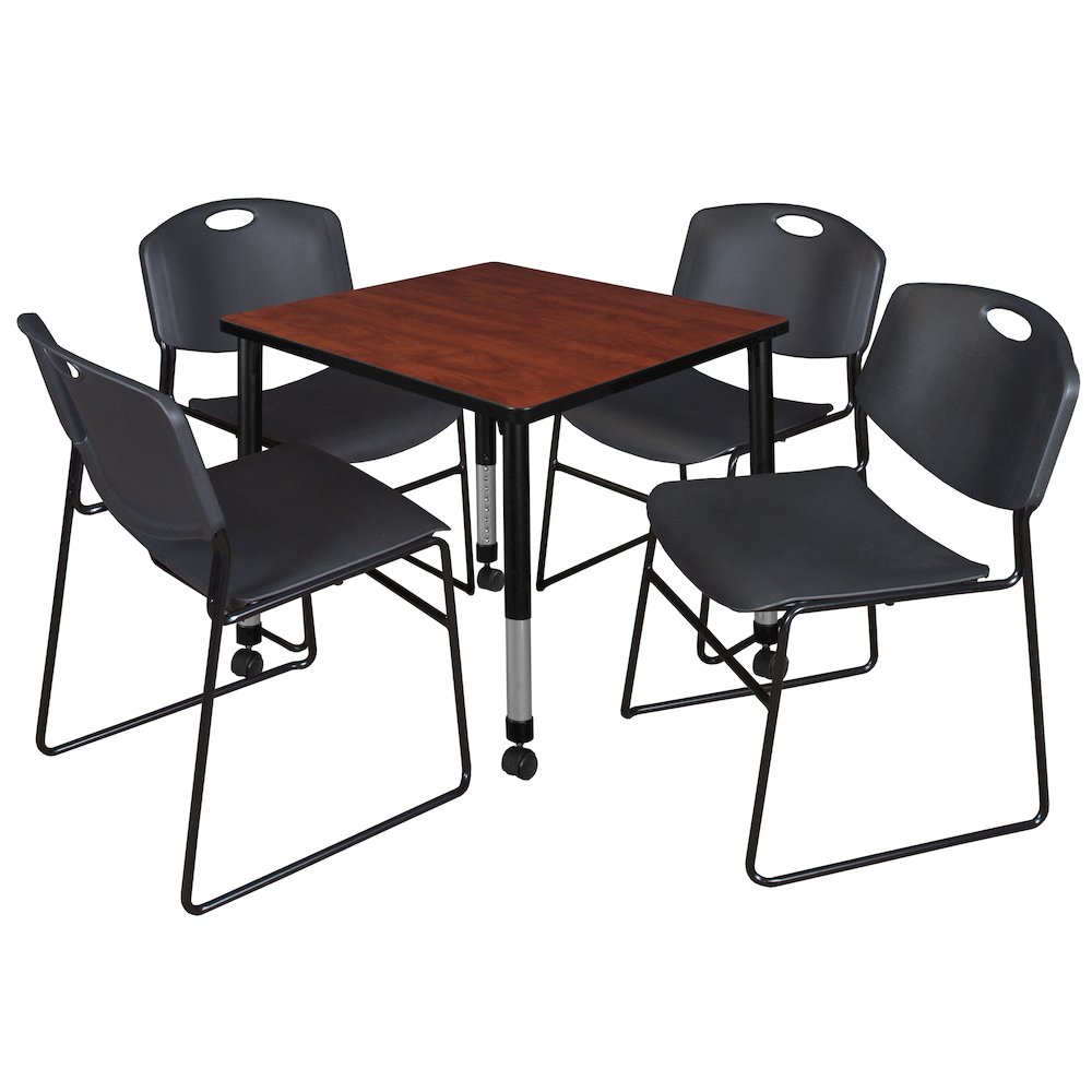 30 Square Mobile Adjustable Classroom Table- Cherry & 4 Zeng Stack Chairs- Black. Picture 1