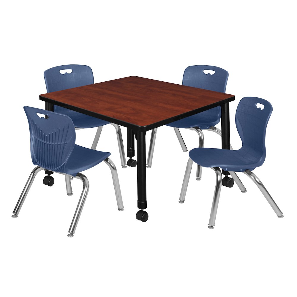 30 Square Mobile Classroom Table- Cherry & 4 Andy 12 Stack Chairs- Blue. Picture 1