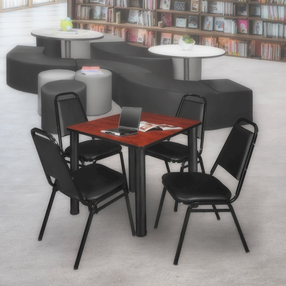30 in Square Breakroom Table- Cherry Top, Black Legs, 4 Restaurant Stack Chairs. Picture 7