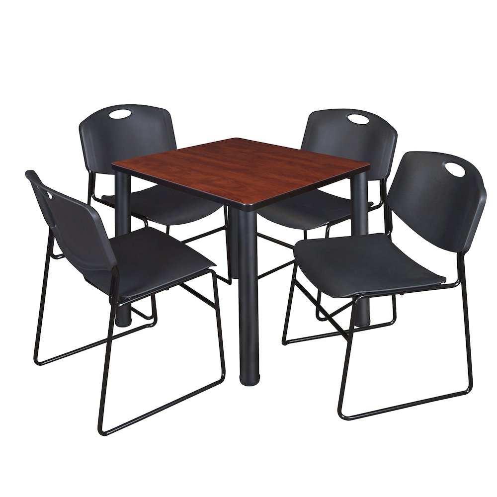 30 in Square Breakroom Table- Cherry Top, Black Legs, 4 Zeng Stack Chairs- Black. Picture 1