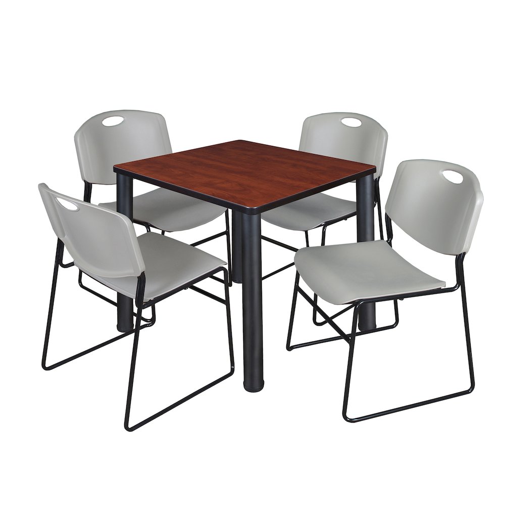 30 in Square Breakroom Table- Cherry Top, Black Legs, 4 Zeng Stack Chairs- Grey. Picture 1